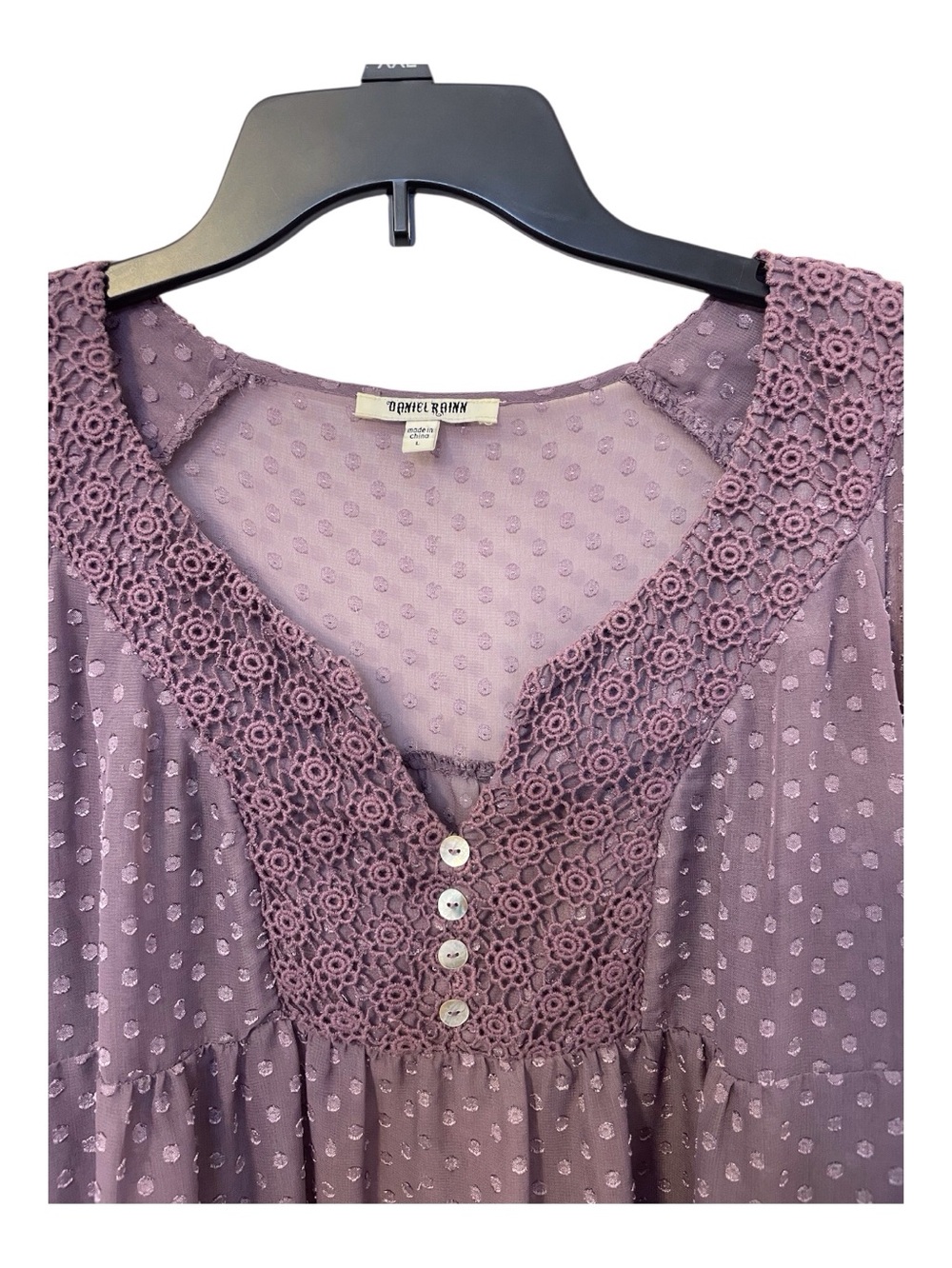 Daniel Rainn Women's Purple Polka Dot Lace Trim Blouse, L - Picture 2 of 8